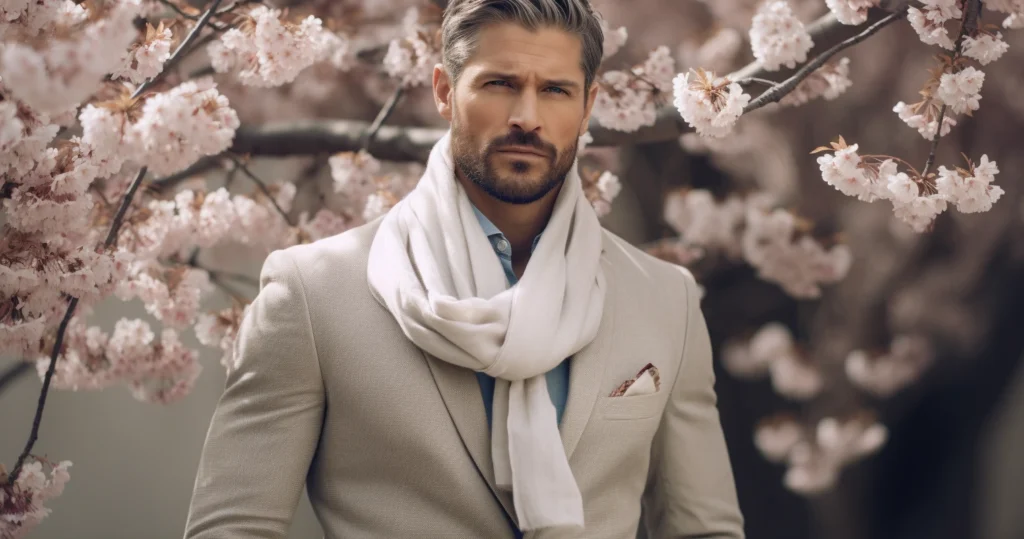 Man in a chic light suit with a scarf, surrounded by cherry blossoms, exemplifying men's spring fashion.