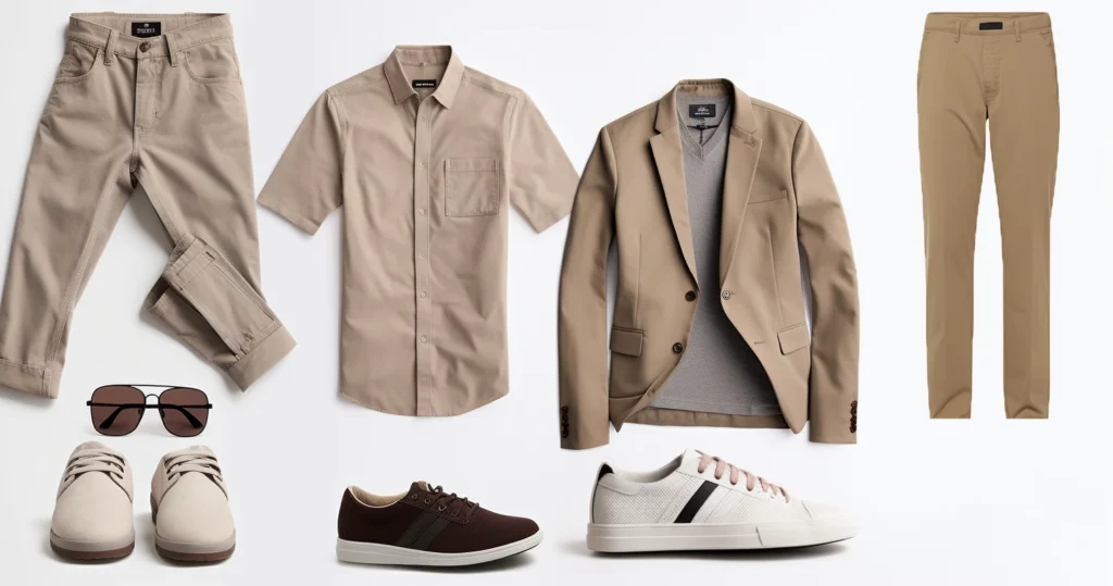 Laid-out ensemble of men's spring fashion, including beige pants, shirt, blazer, shoes, sneakers, and sunglasses.