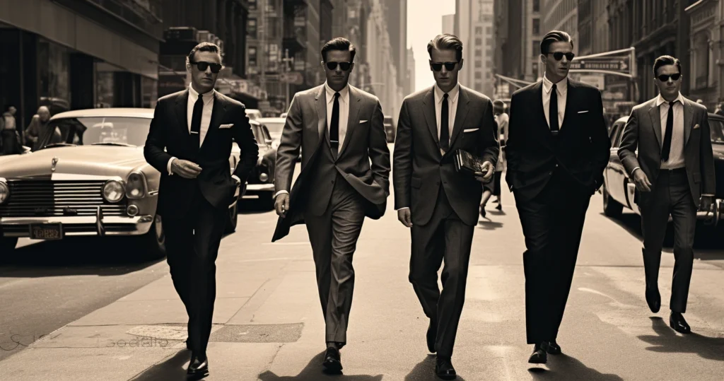 Five men in Old Hollywood fashion for men stride down a bustling city street.
