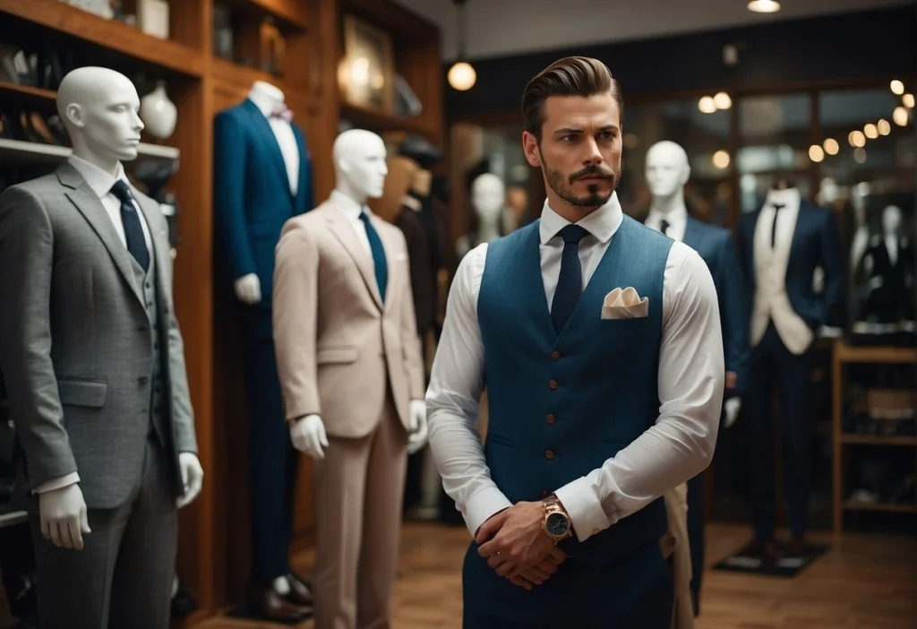 Man in a tailored waistcoat stands amidst mannequins, epitomizing Timeless Men's Fashion.