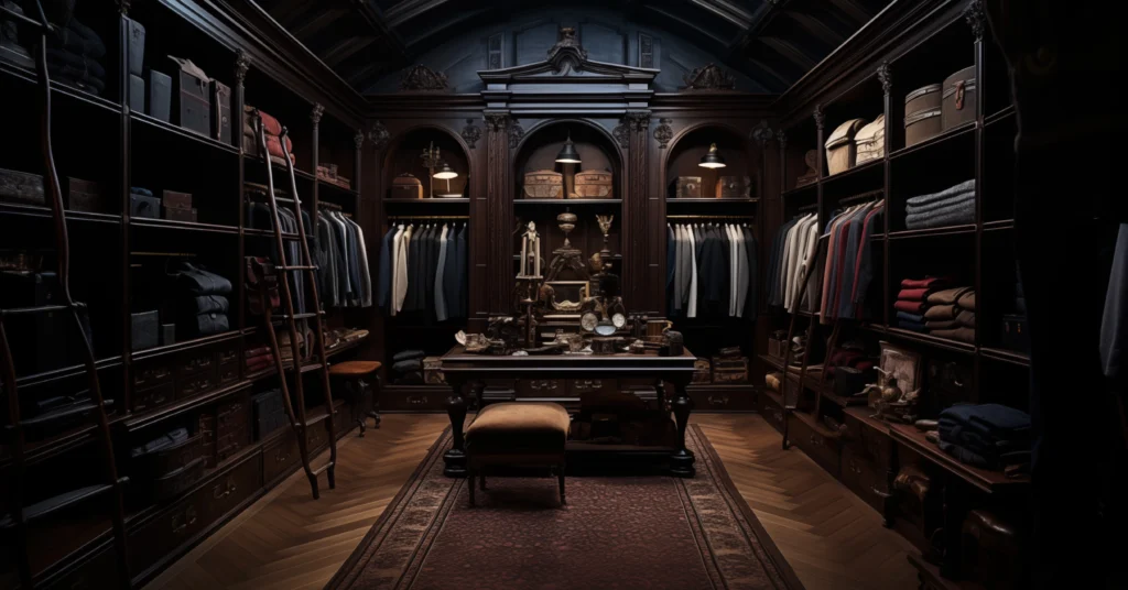 Luxurious walk-in closet filled with 'Old Money Men's Fashion' essentials: tailored suits, classic hats, and leather goods.