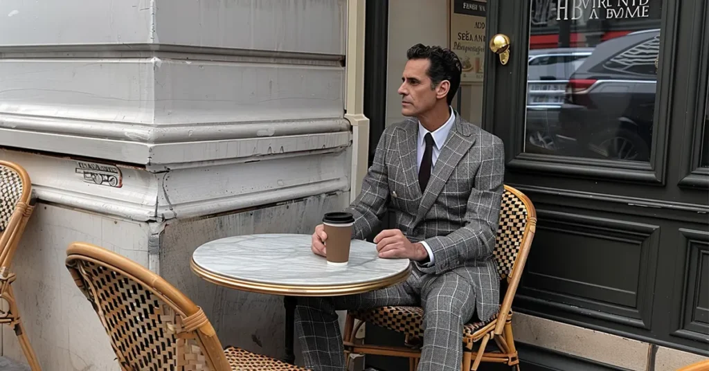 A man in a checkered suit sits at a café, a nod to French men's fashion elegance.