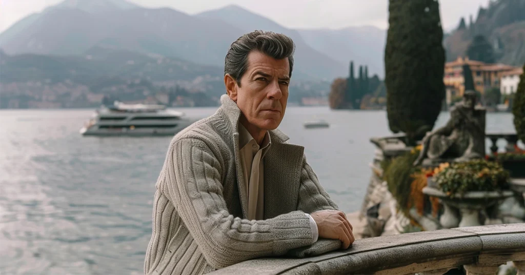 A man in a ribbed cardigan epitomizes French men's fashion by a scenic lake.