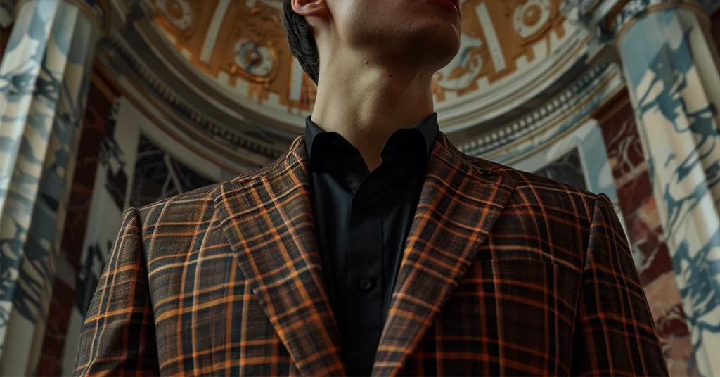 A man sports a checkered blazer, showcasing French men's fashion, with a regal backdrop.