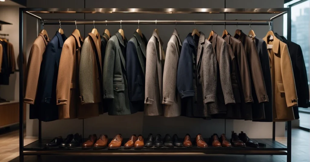 Assorted coats and dress shoes on display, epitomizing men's fashion essentials.