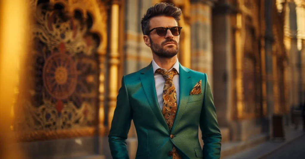 A stylish man in a turquoise suit with a patterned tie and pocket square, a modern take on men's fashion essentials.