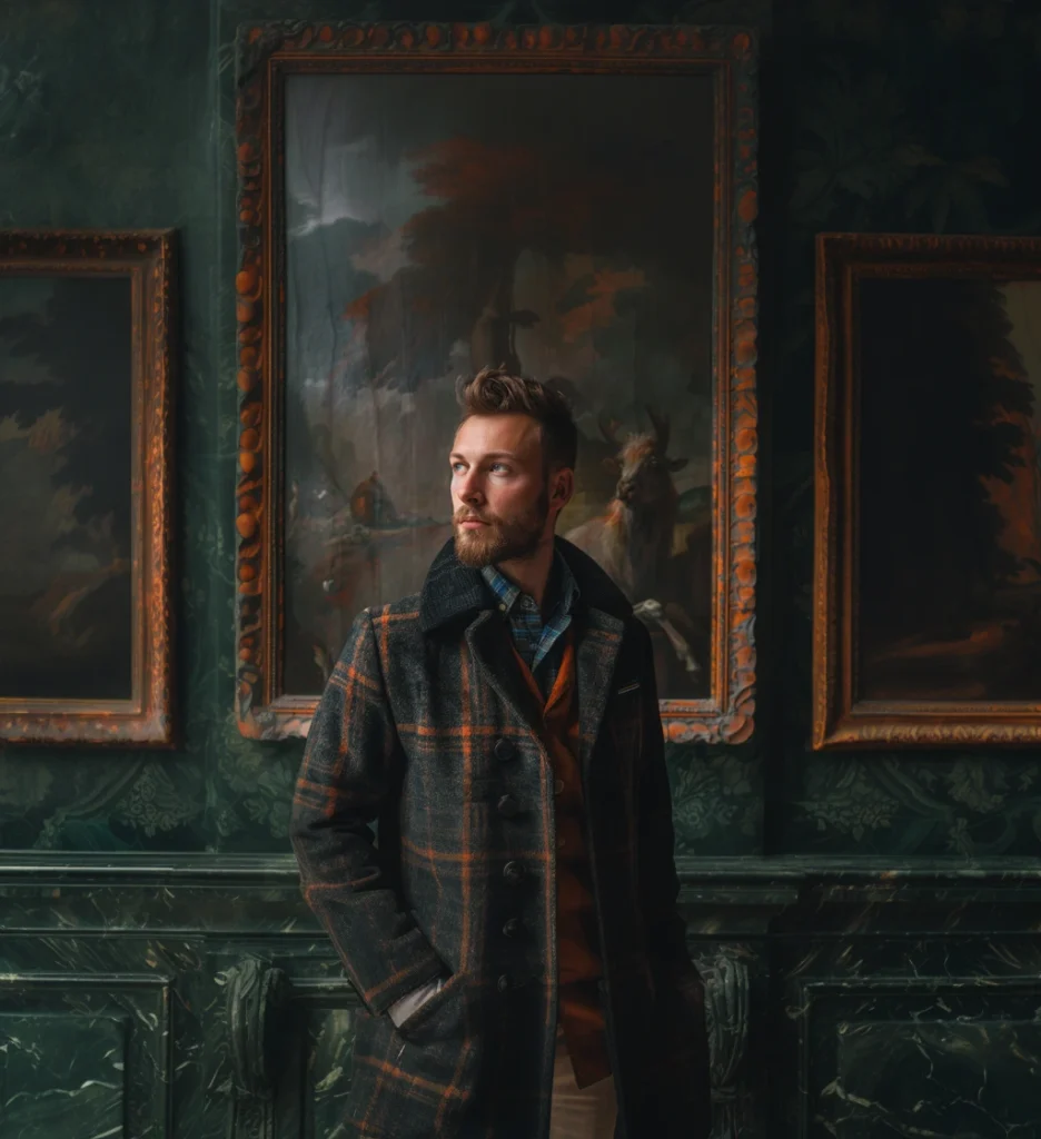 A stylish man in a plaid coat stands before classical paintings, epitomizing French men's fashion.