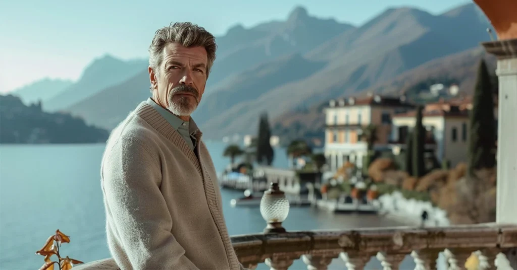 A mature man exuding elegance in a French men's fashion style zip-up sweater, overlooking a serene lake and mountains.