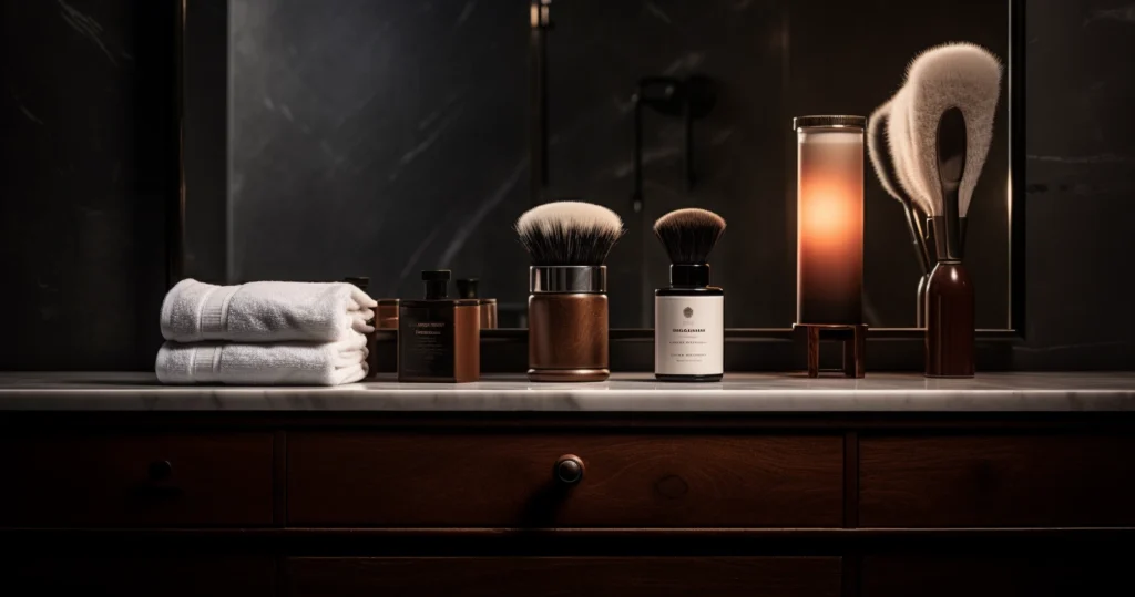 A stylish bathroom counter featuring men's fashion essentials with shaving brushes and creams.