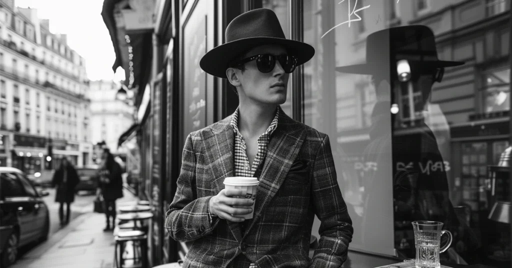 A man in a plaid suit and fedora exudes French men's fashion on a city street, coffee in hand.