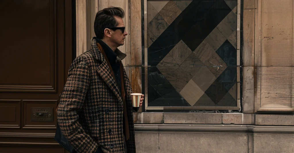 A man in a houndstooth coat embodies French men's fashion on a city street.