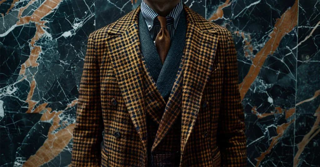 A tweed suit jacket showcases French men's fashion against a marbled backdrop.