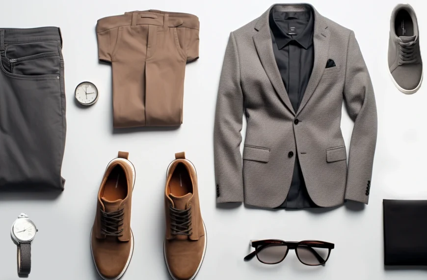 Flat lay of men's fashion essentials with suit, shoes, watches, and glasses.