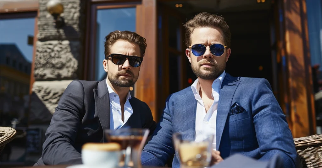 Two stylish men in sunglasses and sharp suits epitomize French men's fashion, seated at a café terrace.