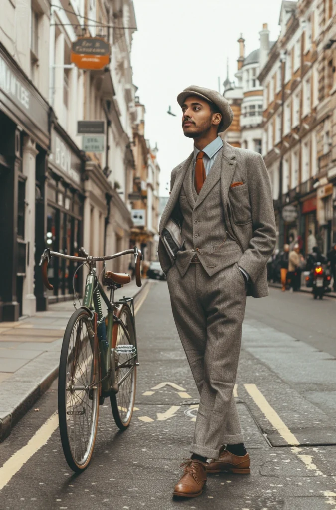 A man in a vintage tweed suit embodies French men's fashion on a cobblestone street.