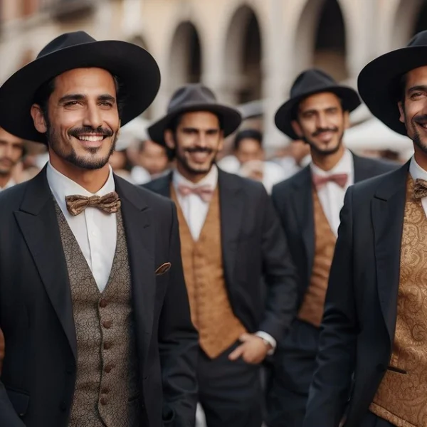 A group of smiling men in traditional Spanish attire with wide-brimmed hats and bow ties.