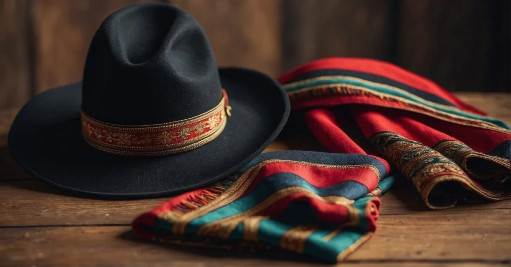 A classic wide-brimmed hat with a decorative band alongside vibrant, multicolored scarves, embodying men's fashion essentials.