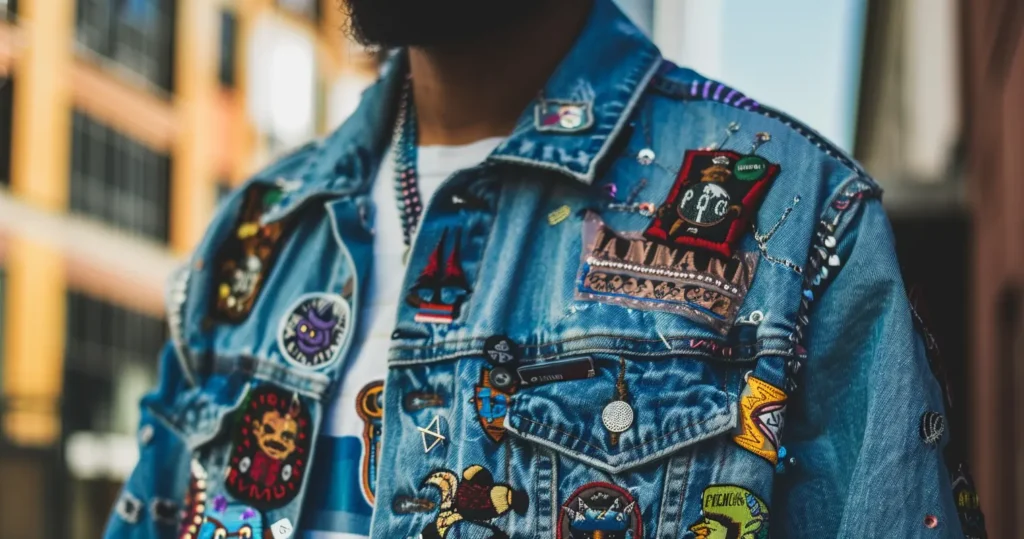 Close-up of a denim jacket with eclectic patches, "Men's Fashion Street Style".
