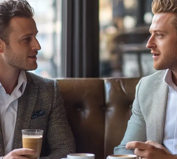 two men talking to each other in a cafe wearing casual suits