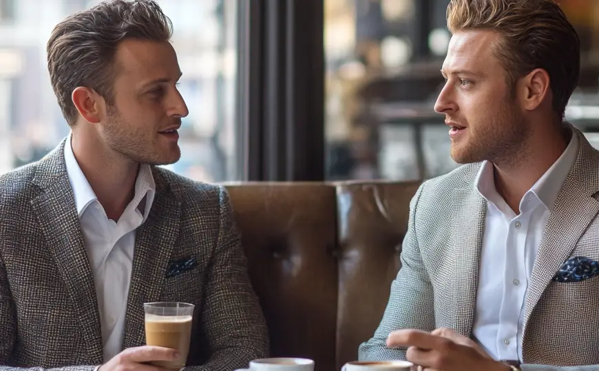 two men talking to each other in a cafe wearing casual suits