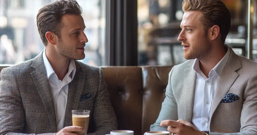 two men talking to each other in a cafe wearing casual suits